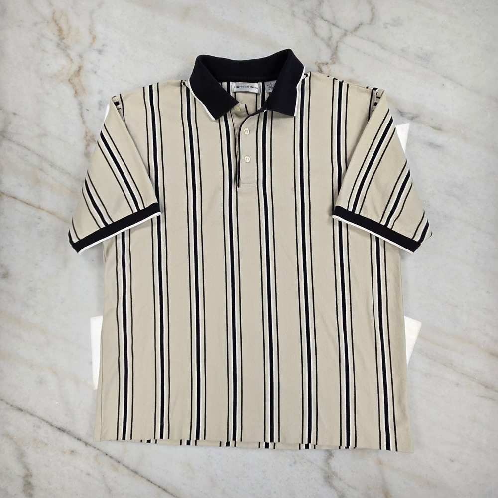 Cypress Links Polo Shirt Mens Large Tan Striped 100% Cotton Casual Preppy Retro
